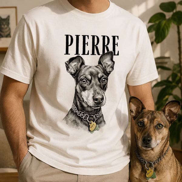 T-shirt clair personnalisé – Portrait de votre animal en croquis noir et blanc