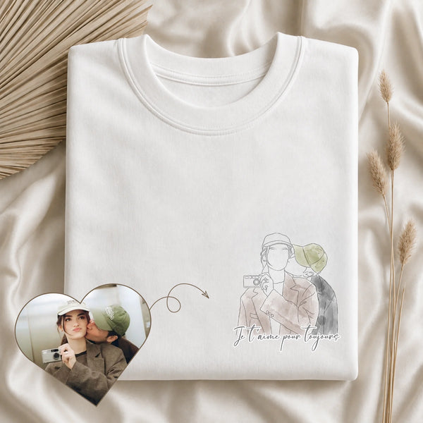 T-shirt couple personnalisé – Portrait line art sans visage aquarelle
