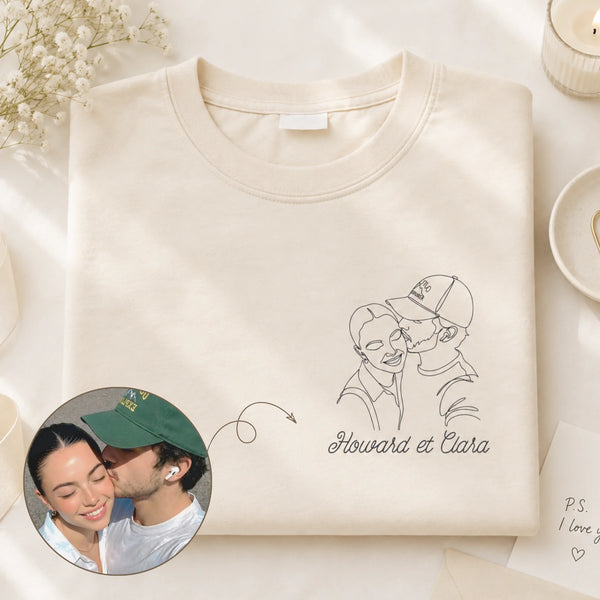 T-shirt personnalisé couple avec portrait line art