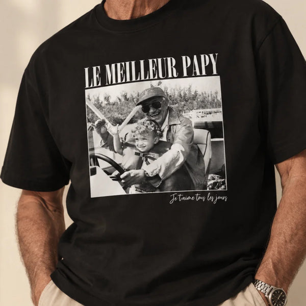 T-shirt Papy personnalisé avec photo noir et blanc – Cadeau grand-père