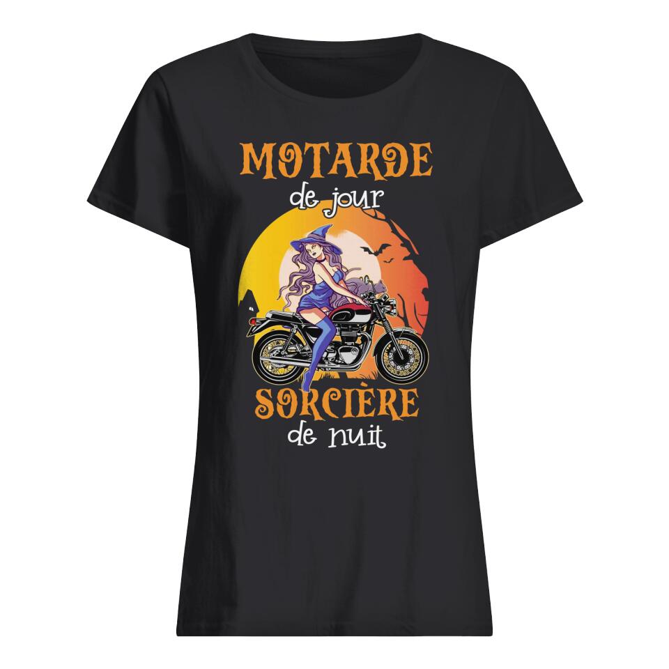 motarde de jour sorciere de nuit personnalisable t shirt dhalloween pour les motards